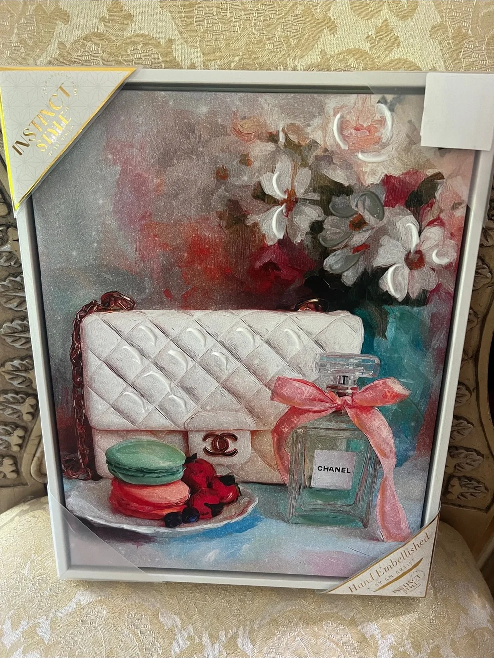 CHANEL White Quilted Handbag & Pastel Still Life Wall Art
